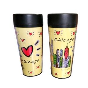 Lot of 2 Luke-A-Tuke Travel Coffee Tumblers Yellow w/ CHICAGO Scene